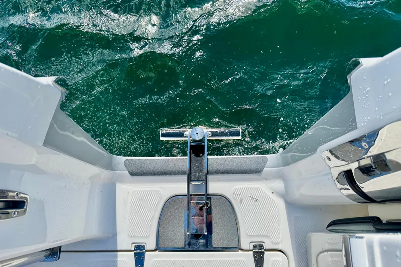  Yacht Photos Pics Boston Whaler 380 Realm 2024 boat deck overlooking ocean water.