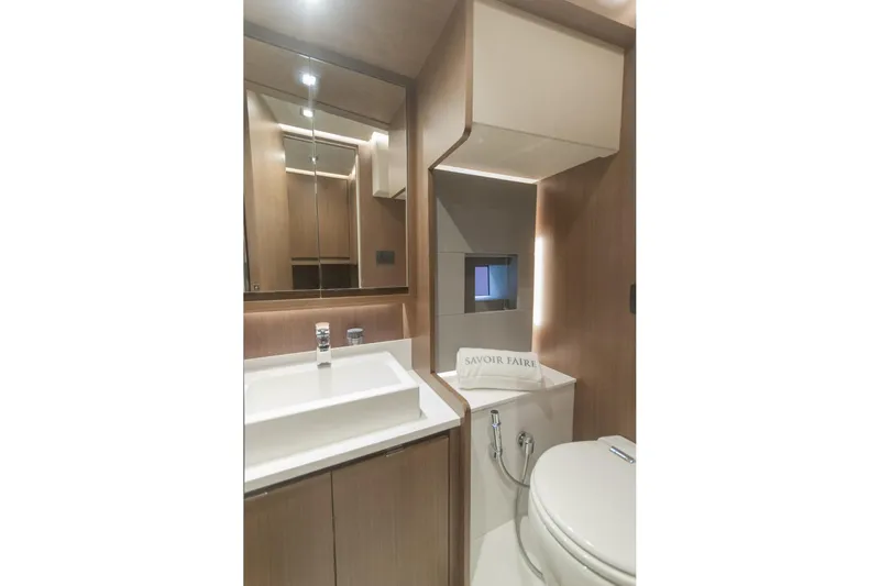 Savoir Faire Yacht Photos Pics Modern bathroom interior in 2025 MCP Global Exp 68 yacht, featuring sleek design and fixtures.