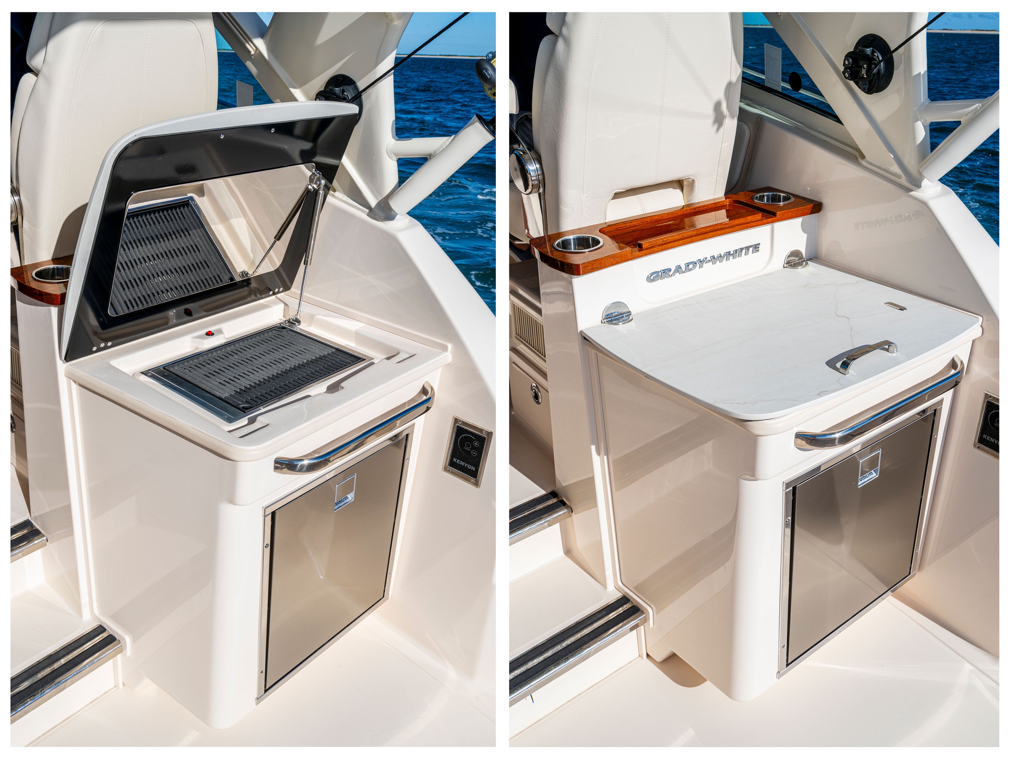 Grady-White 340EXP 2026: Luxurious onboard kitchen with grill and storage.