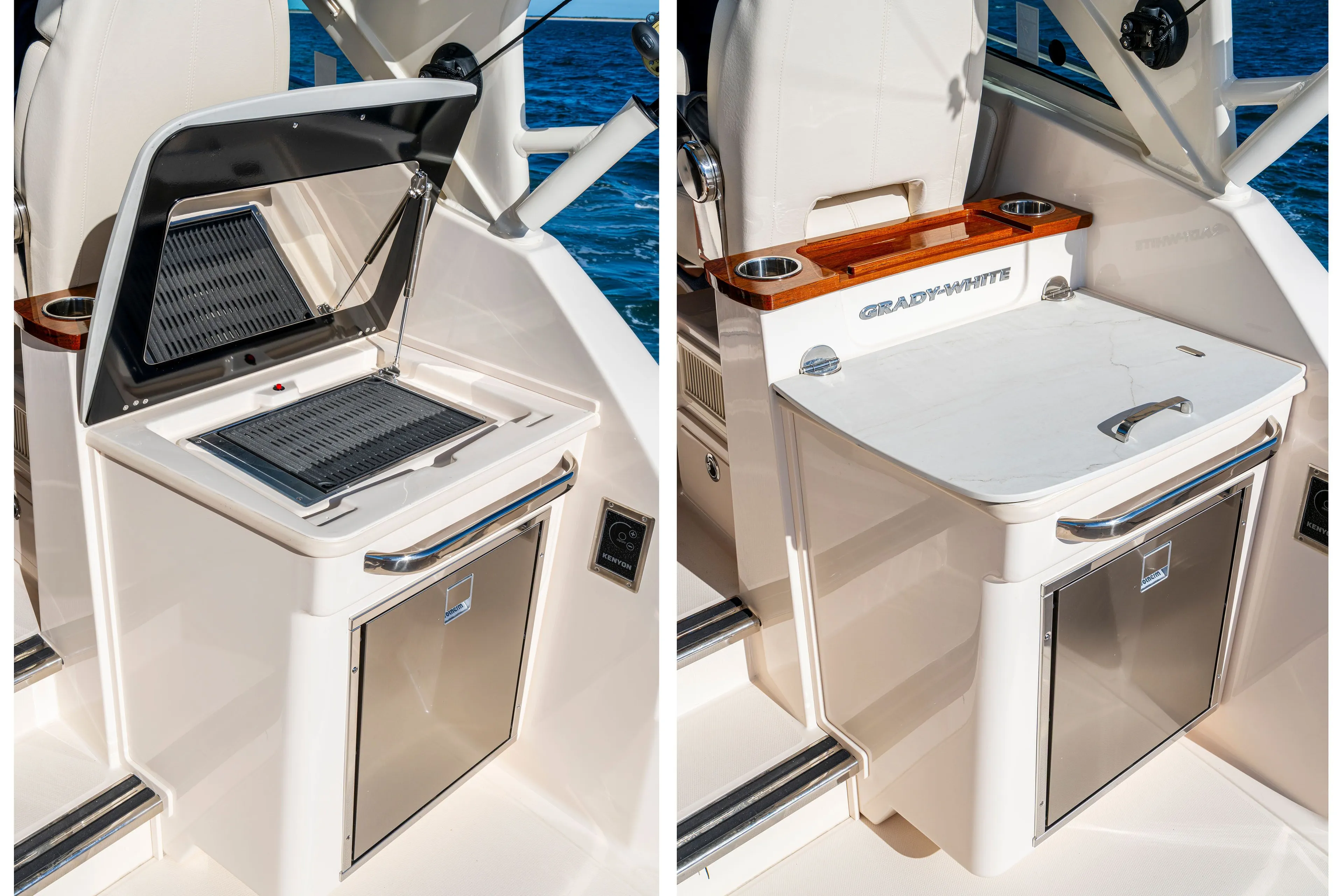 Grady-White 340EXP 2026: Luxurious onboard kitchen with grill and storage.