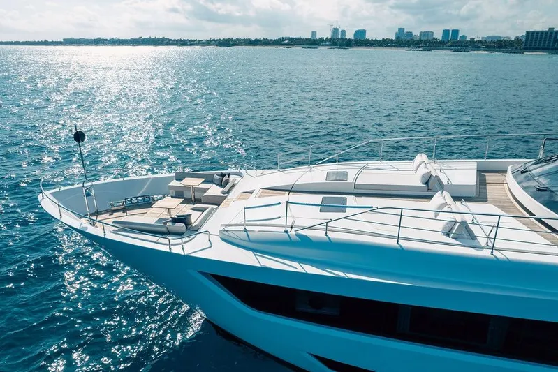 Randy Beth Yacht Photos Pics Luxurious 2018 Custom Line 120 yacht cruising on serene blue waters.