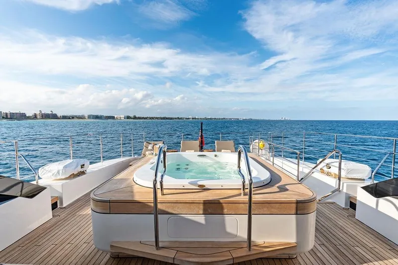 Randy Beth Yacht Photos Pics Luxurious 2018 Custom Line 120 yacht with jacuzzi, ocean view, and clear blue sky.