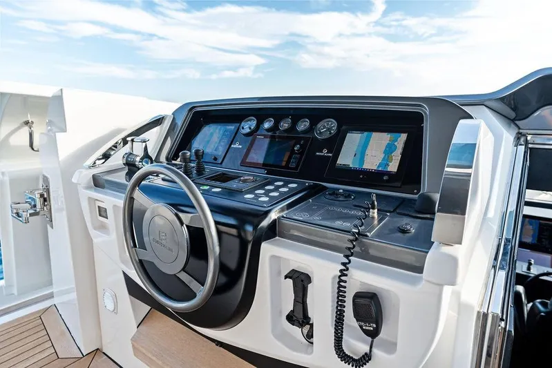 Randy Beth Yacht Photos Pics Helm of 2018 Custom Line 120 yacht with advanced navigation controls and displays.