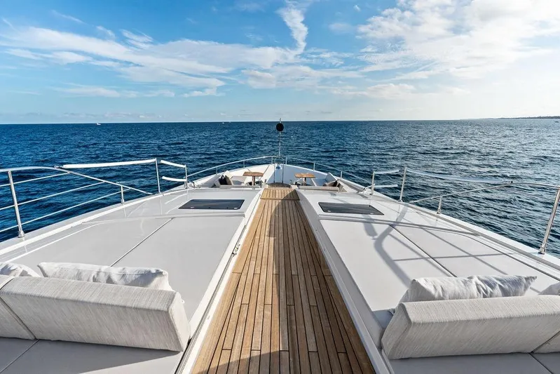 Randy Beth Yacht Photos Pics Luxurious 2018 Custom Line 120 yacht deck with ocean view and clear skies.