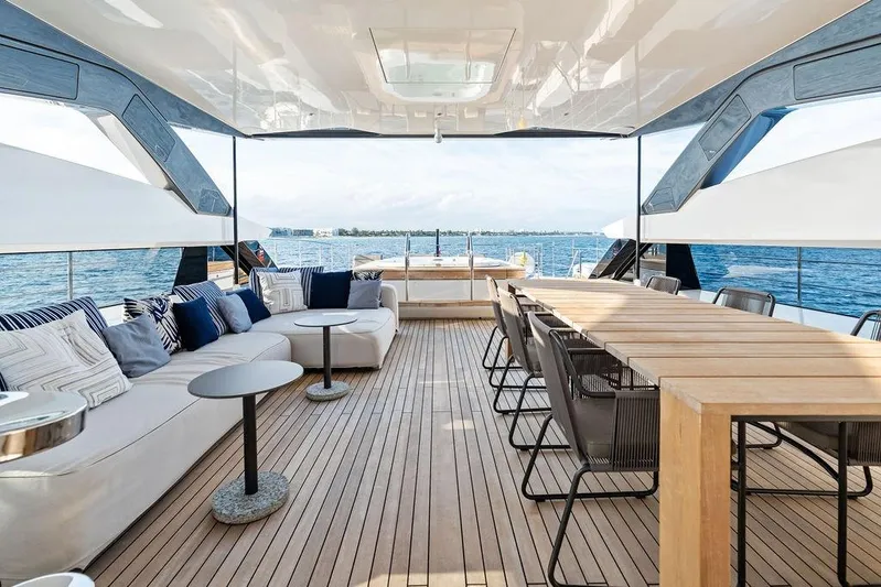 Randy Beth Yacht Photos Pics Luxurious 2018 Custom Line 120 yacht interior with elegant seating and dining area.