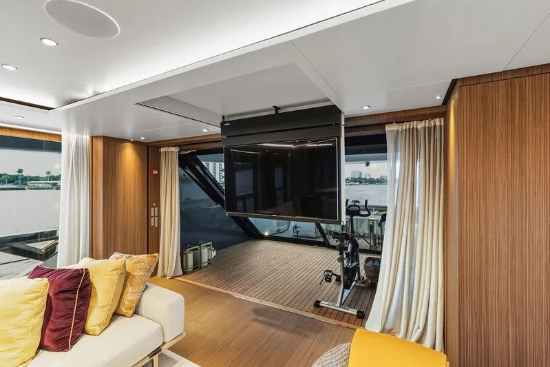 Randy Beth Yacht Photos Pics Luxurious 2018 Custom Line 120 yacht interior with modern decor and waterfront view.