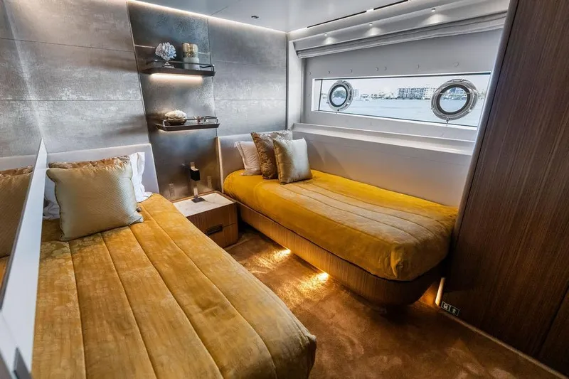 Randy Beth Yacht Photos Pics Luxurious 2018 Custom Line 120 yacht cabin with twin beds and elegant decor.