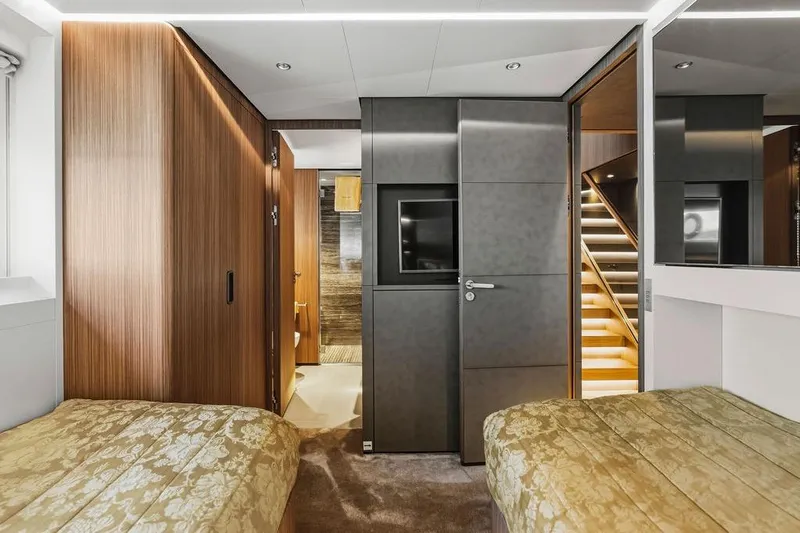 Randy Beth Yacht Photos Pics Luxurious interior of 2018 Custom Line 120 yacht with modern wood paneling and elegant design.