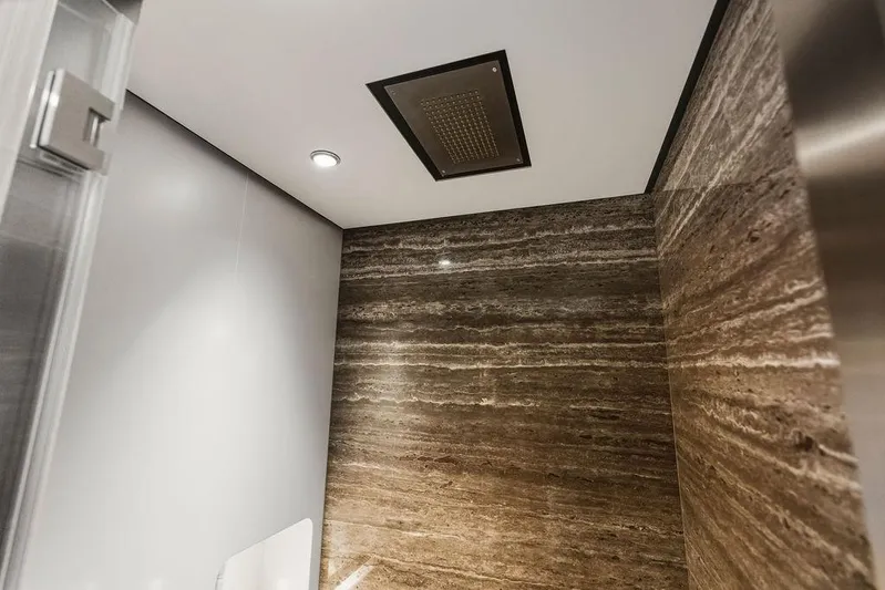 Randy Beth Yacht Photos Pics Luxurious shower with marble walls and modern ceiling showerhead, Custom Line 120, 2018.