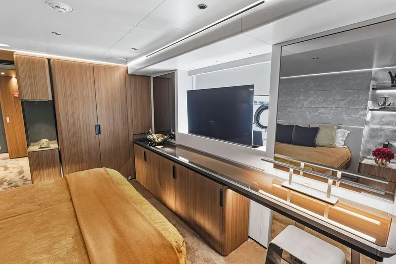 Randy Beth Yacht Photos Pics Luxurious yacht interior with modern wood paneling and elegant decor, Custom Line 120, 2018.