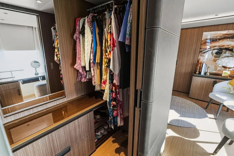 Randy Beth Yacht Photos Pics Luxurious yacht interior with elegant wardrobe and modern decor, Custom Line 120, 2018 model.