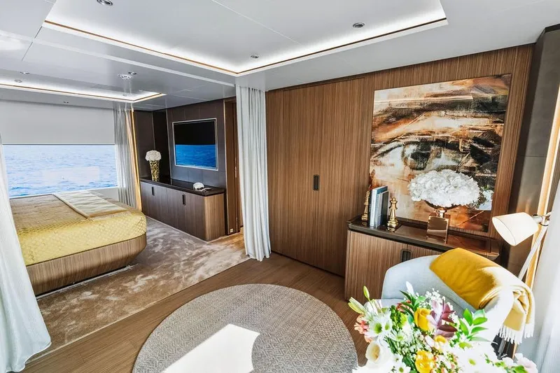 Randy Beth Yacht Photos Pics Luxurious 2018 Custom Line 120 yacht interior with elegant bedroom and modern decor.