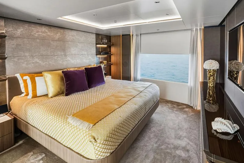 Randy Beth Yacht Photos Pics Luxurious bedroom interior on 2018 Custom Line 120 yacht with ocean view.