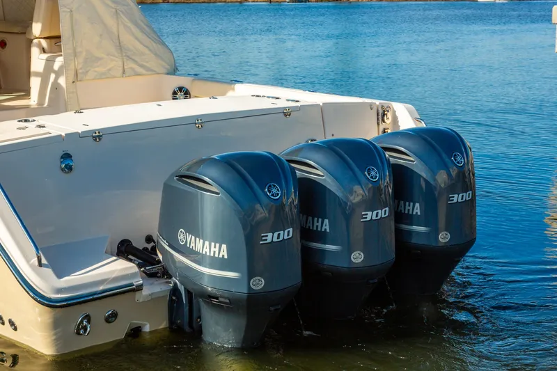  Yacht Photos Pics 2020 Grady-White 370 Express with triple Yamaha 300 engines on water.