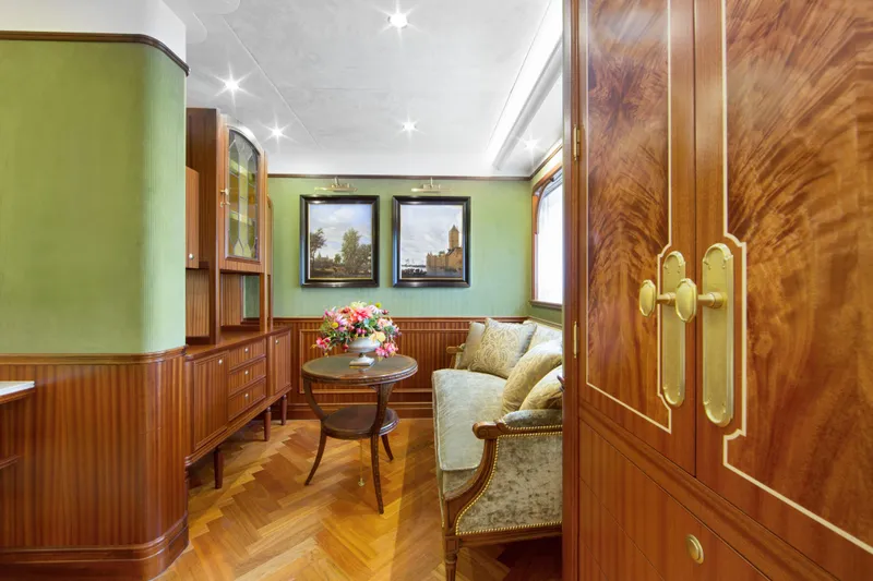  Yacht Photos Pics Luxurious interior of Van der Valk Explorer 37M yacht, 2026 model, featuring elegant wood finishes.