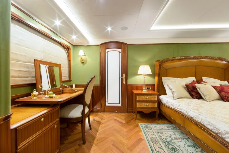  Yacht Photos Pics Luxurious bedroom interior of Van der Valk Explorer 37M yacht, 2026 model, with elegant furnishings.