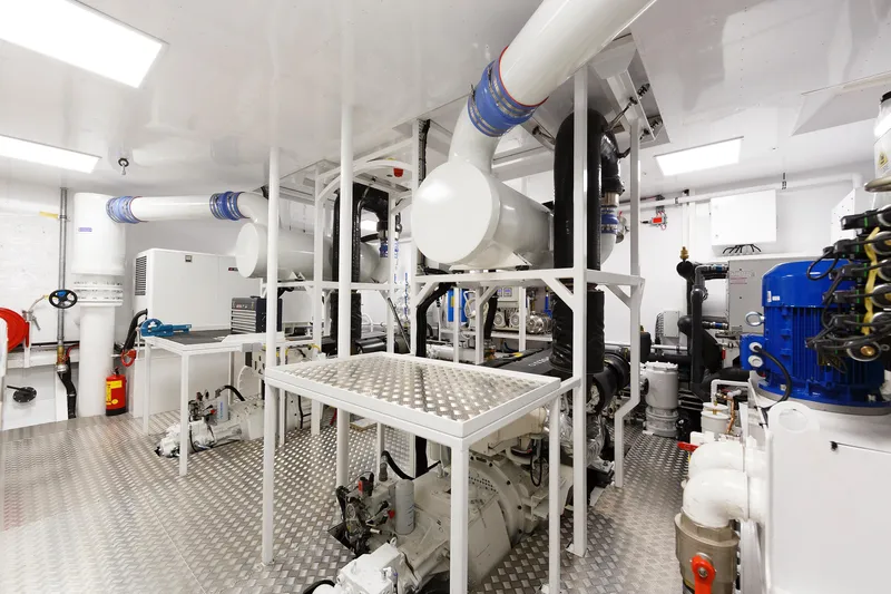  Yacht Photos Pics Engine room of 2026 Van der Valk Explorer 37M yacht with advanced machinery and equipment.