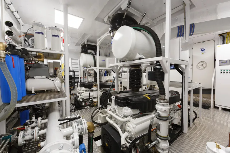  Yacht Photos Pics Engine room of 2026 Van der Valk Explorer 37M yacht with advanced machinery and equipment.