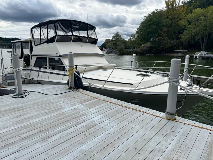 Last Dance Yacht Photos Pics 1987 Viking Boats 44 Motor Yacht docked at a marina.