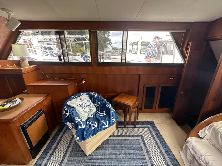 Last Dance Yacht Photos Pics Interior of 1987 Viking Boats 44 Motor Yacht with cozy seating and nautical decor.