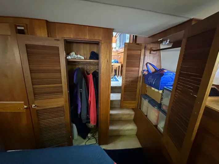 Last Dance Yacht Photos Pics Interior of 1987 Viking Boats 44 Motor Yacht with wooden closets and storage.
