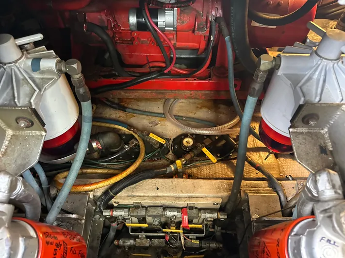 Last Dance Yacht Photos Pics Engine room of a 1987 Viking Boats 44 Motor Yacht with visible components.