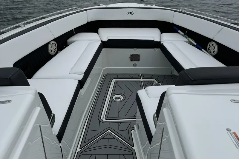  Yacht Photos Pics 2021 Monterey 385 Super Express boat interior with white and black seating.