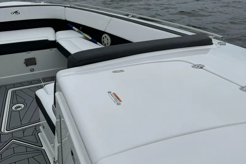  Yacht Photos Pics 2021 Monterey 385 Super Express boat interior with white and black seating.