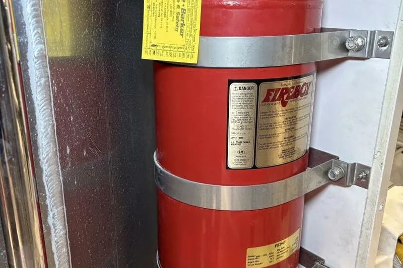 Carlet Vivian IV Yacht Photos Pics Fire extinguisher mounted on a 2004 Carver 56 Voyager boat.