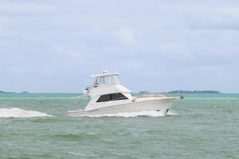  Yacht Photos Pics 2000 Riviera Flybridge Convertible cruising on open water under cloudy skies.