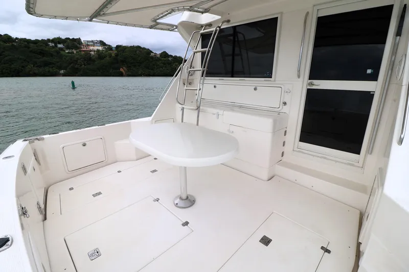  Yacht Photos Pics 2000 Riviera Flybridge Convertible yacht deck with table, ladder, and scenic water view.