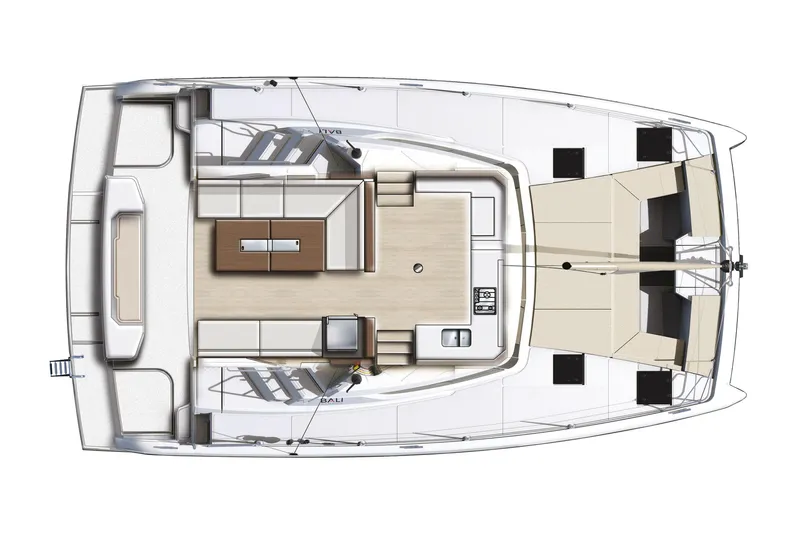  Yacht Photos Pics Top view of 2026 Bali CATSPACE catamaran layout, featuring spacious deck and seating areas.