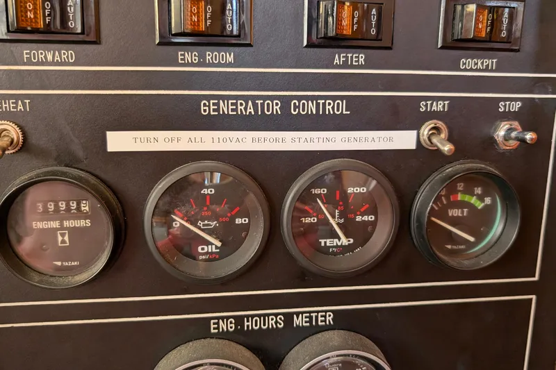Fishers Folly IV Yacht Photos Pics Control panel of a 1988 Offshore Yachts 48 Yachtfisher with gauges and switches.