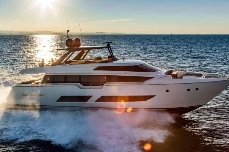 E3 Yacht Photos Pics 2019 Ferretti Yachts 850 cruising on the ocean at sunset.