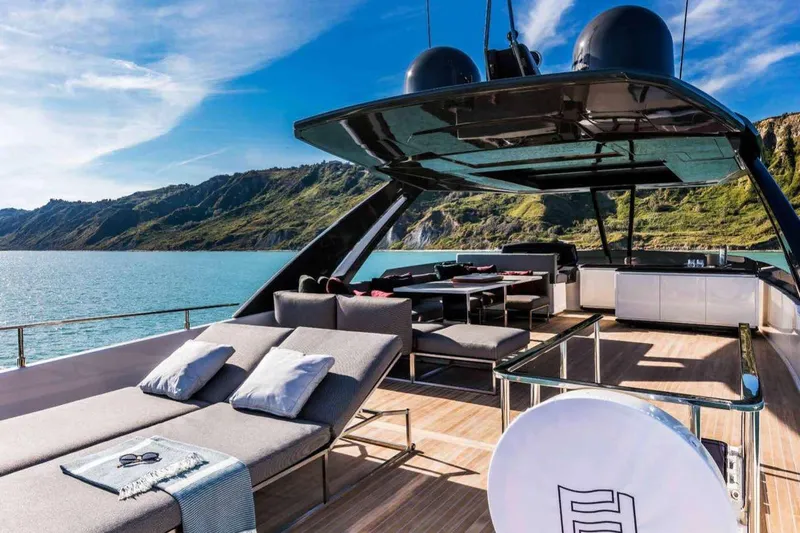 E3 Yacht Photos Pics Luxurious 2019 Ferretti Yachts 850 with spacious deck, scenic ocean view.