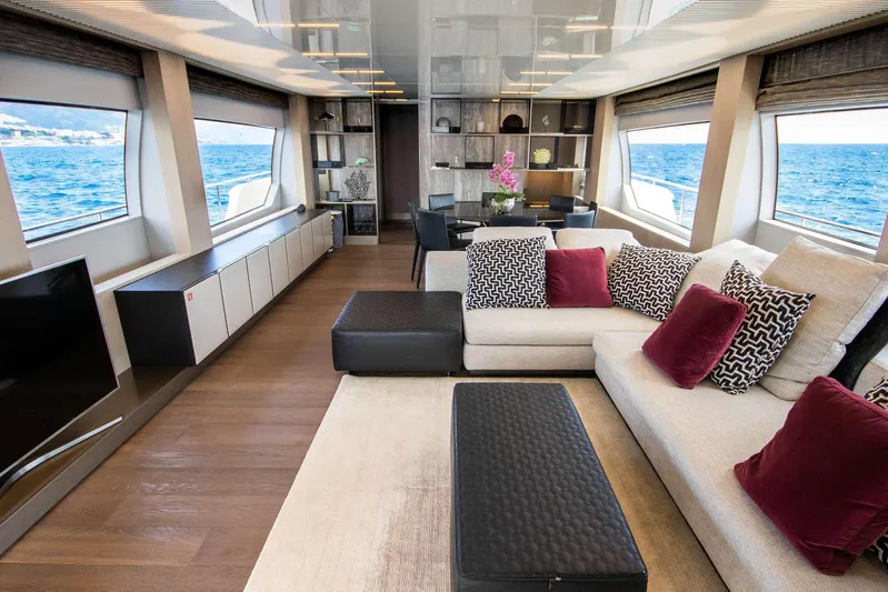 E3 Yacht Photos Pics Luxurious interior of 2019 Ferretti Yachts 850 with elegant seating and ocean views.