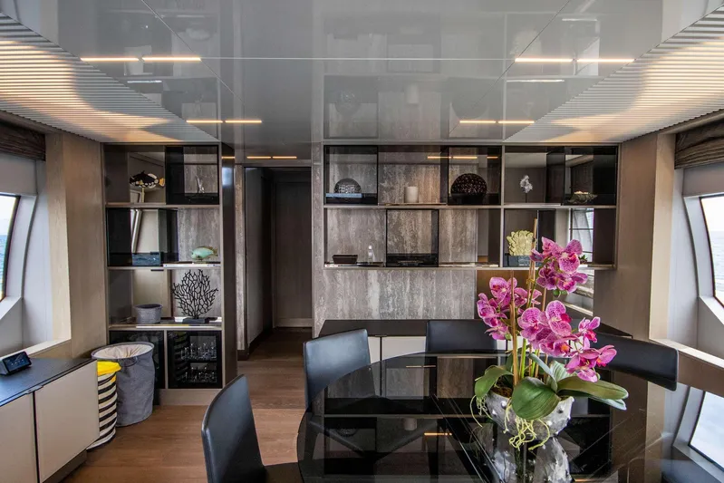 E3 Yacht Photos Pics Luxurious interior of 2019 Ferretti Yachts 850 with elegant decor and modern furnishings.