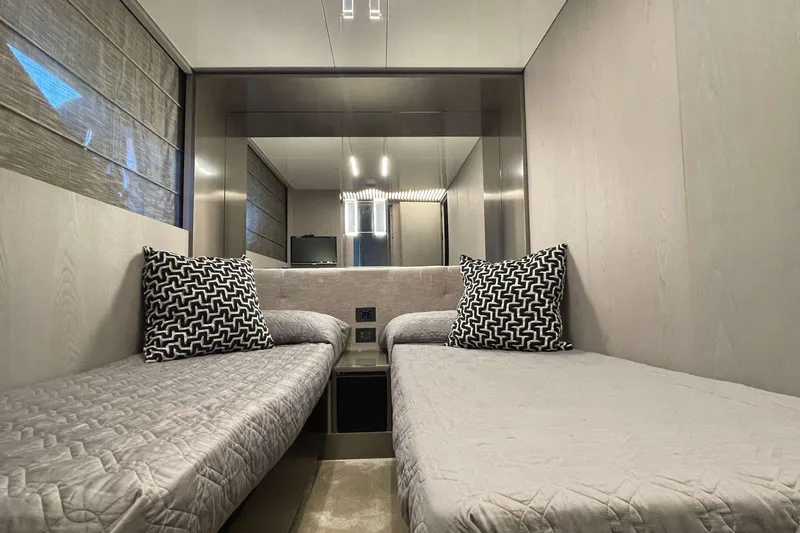 E3 Yacht Photos Pics Luxurious twin cabin interior of 2019 Ferretti Yachts 850 with modern decor.