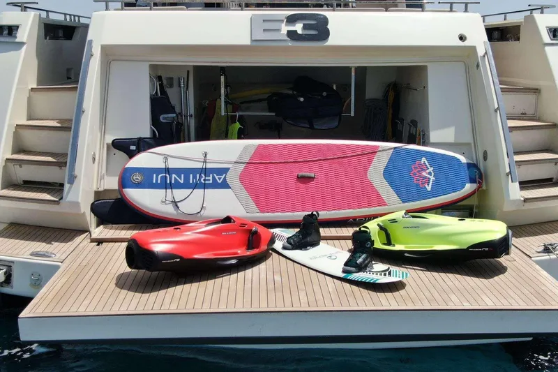 E3 Yacht Photos Pics Luxury Ferretti Yachts 850 with water sports equipment on deck, 2019 model.