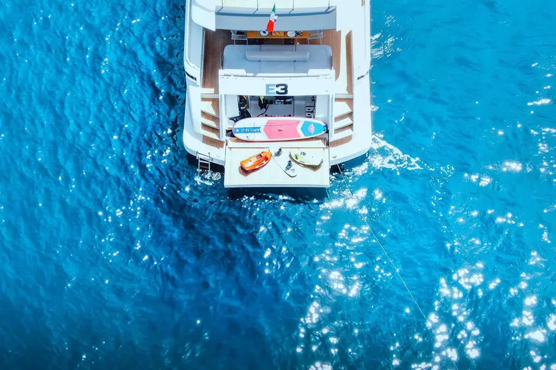E3 Yacht Photos Pics Aerial view of 2019 Ferretti Yachts 850 with water sports equipment on deck.