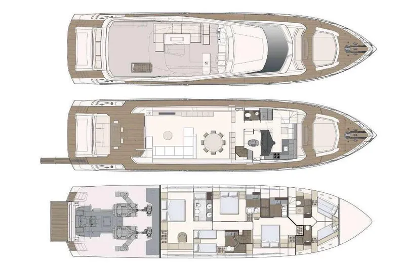 E3 Yacht Photos Pics Floor plan of a 2019 Ferretti Yachts 850, showcasing multiple decks and interior layout.
