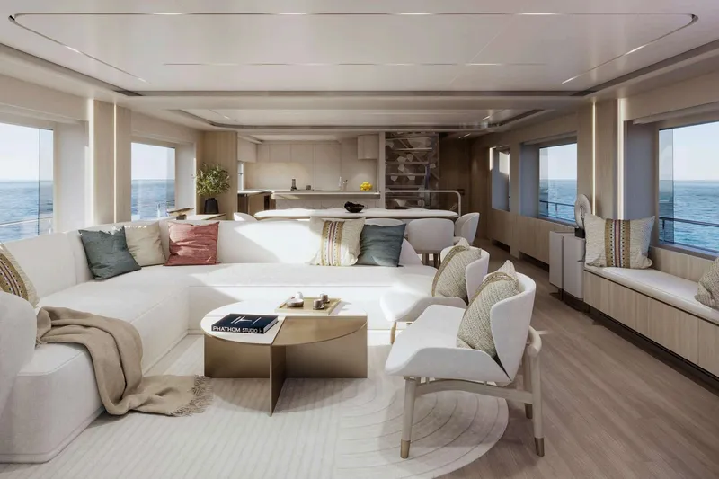  Yacht Photos Pics Luxurious Nomad 101 yacht interior, 2026 model, featuring elegant seating and ocean views.