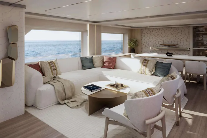  Yacht Photos Pics Luxurious Nomad 101 yacht interior, 2026 model, featuring elegant seating and ocean views.