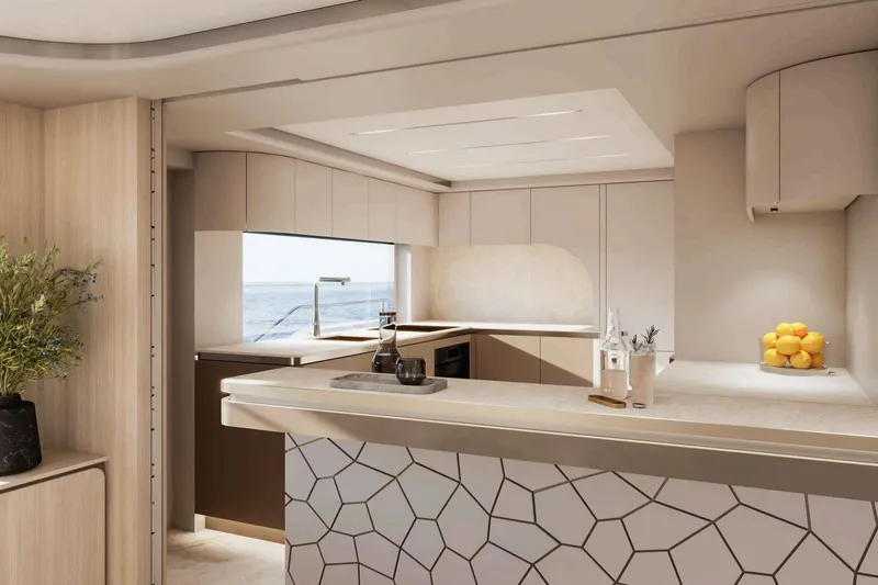  Yacht Photos Pics Modern yacht kitchen interior with geometric design, featuring Nomad 101 model, 2026.