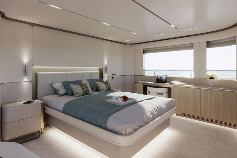  Yacht Photos Pics Luxurious bedroom interior on Nomad 101 yacht, 2026 model, featuring modern design and ocean view.