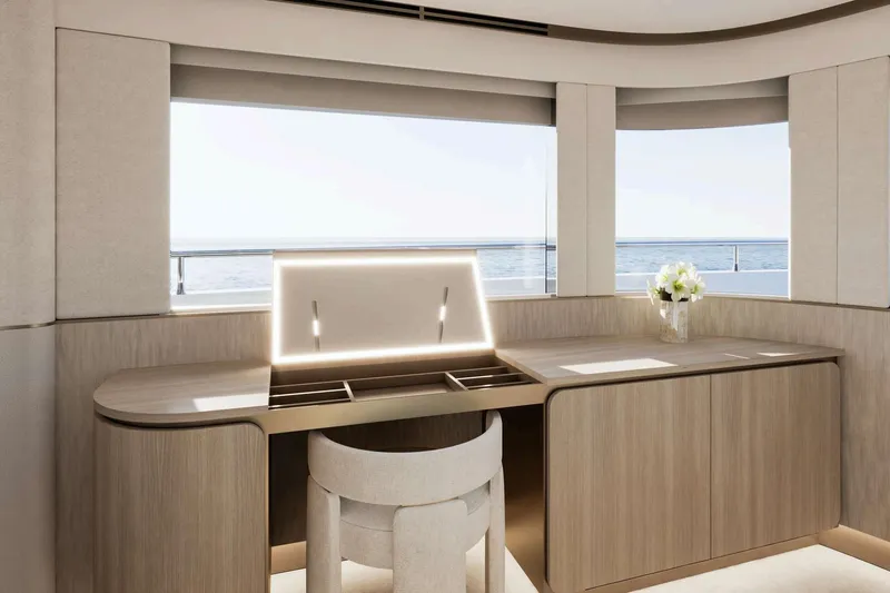  Yacht Photos Pics Luxurious Nomad 101 yacht interior with elegant desk and ocean view, 2026 model.