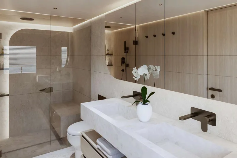  Yacht Photos Pics Modern bathroom with double sinks, glass shower, and elegant orchid decor, Nomad 101, 2026 model.