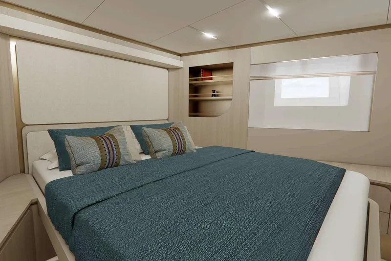  Yacht Photos Pics Luxurious bedroom interior of Nomad 101 yacht, 2026 model, featuring elegant bedding and modern design.