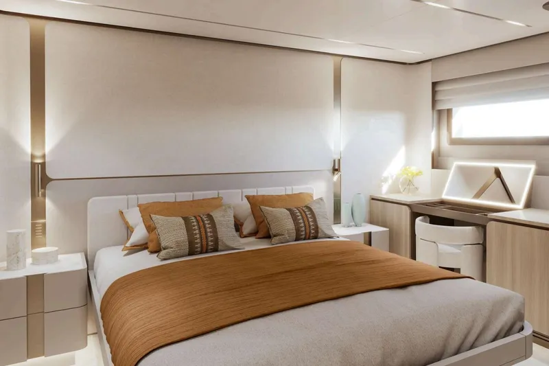  Yacht Photos Pics Luxurious Nomad 101 yacht bedroom, 2026 model, featuring elegant decor and modern furnishings.