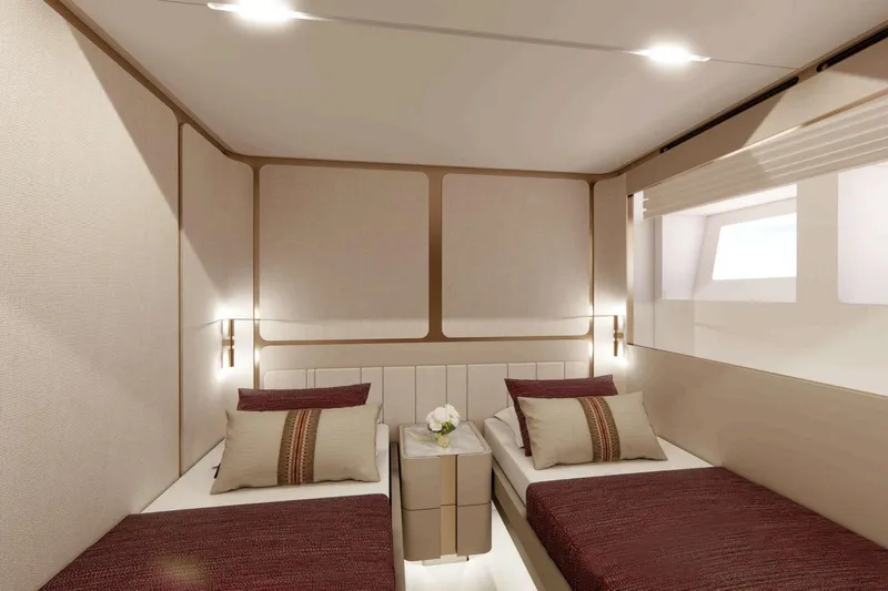  Yacht Photos Pics Luxurious twin cabin interior in Nomad 101 yacht, 2026 model.